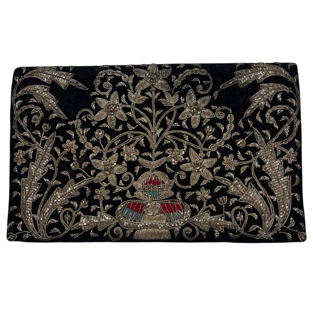 Vintage India Beaded Clutch Black Velvet Silk Evening Bag Wedding Formal